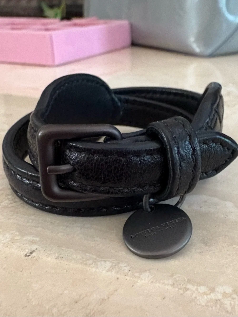 Bottega Veneta Black Leather Intreciatto Double-Wrap Bracelet with Round Tag XS